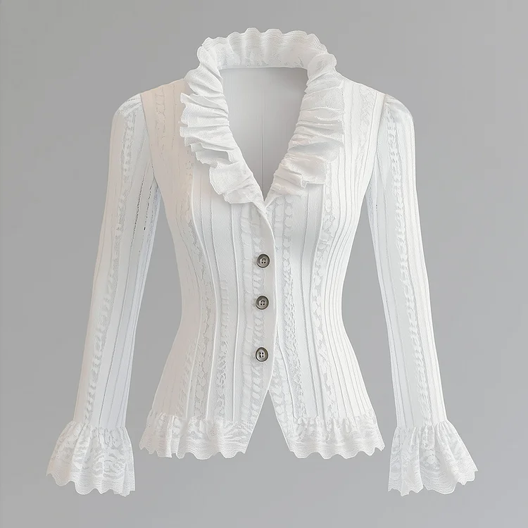 Ursime Lace Hollow Ruffled Lapel Collar Button Flare Sleeve Jacket