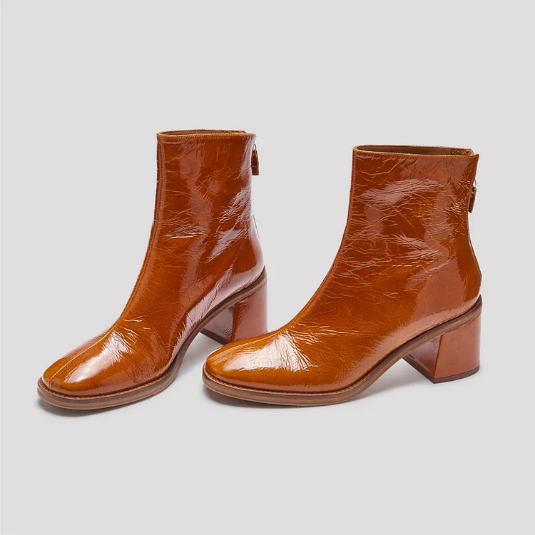Tan Textured Vegan Leather Chunky Heel Boots Round Toe Ankle Boots |FSJ Shoes
