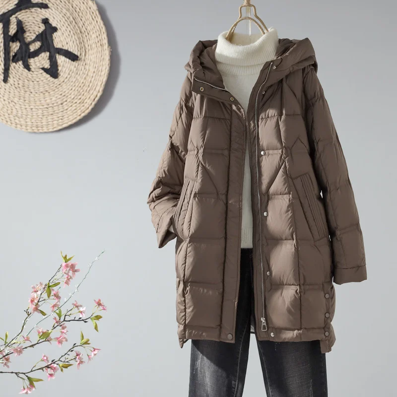 Woherb Autumn And Winter New Loose White Duck Velvet In The Long Hooded Down Jacket Female Korean Version Show Thin Pressure Glue Coat Tide-Outfit Ideas
