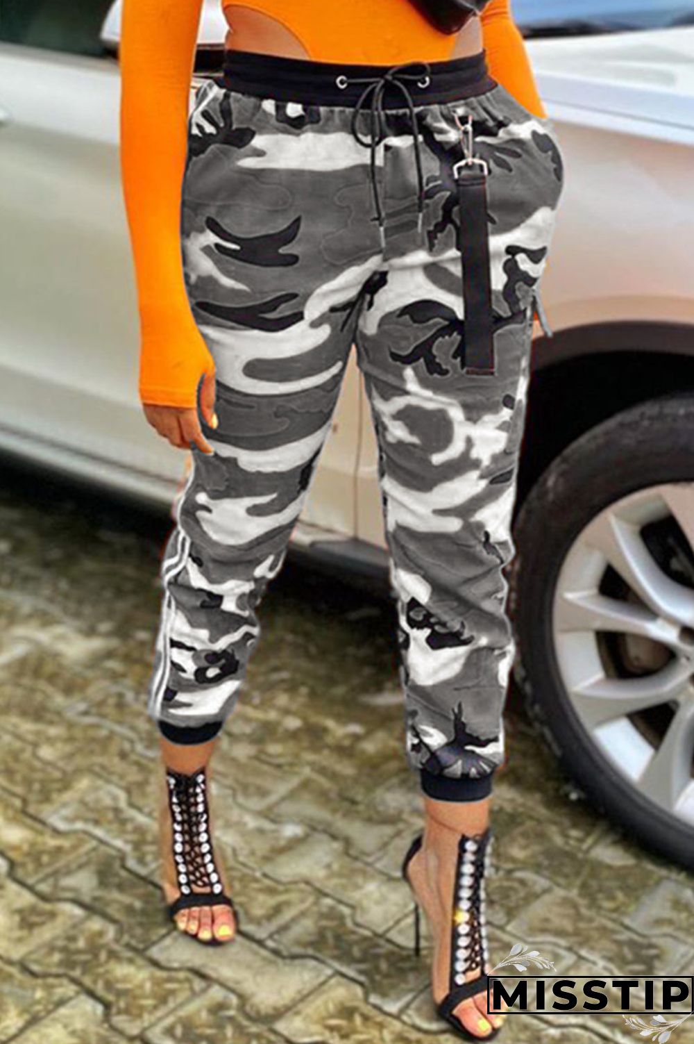 Grey Blue Green Yellow Drawstring Mid Patchwork Print bandage camouflage Loose Capris Bottoms