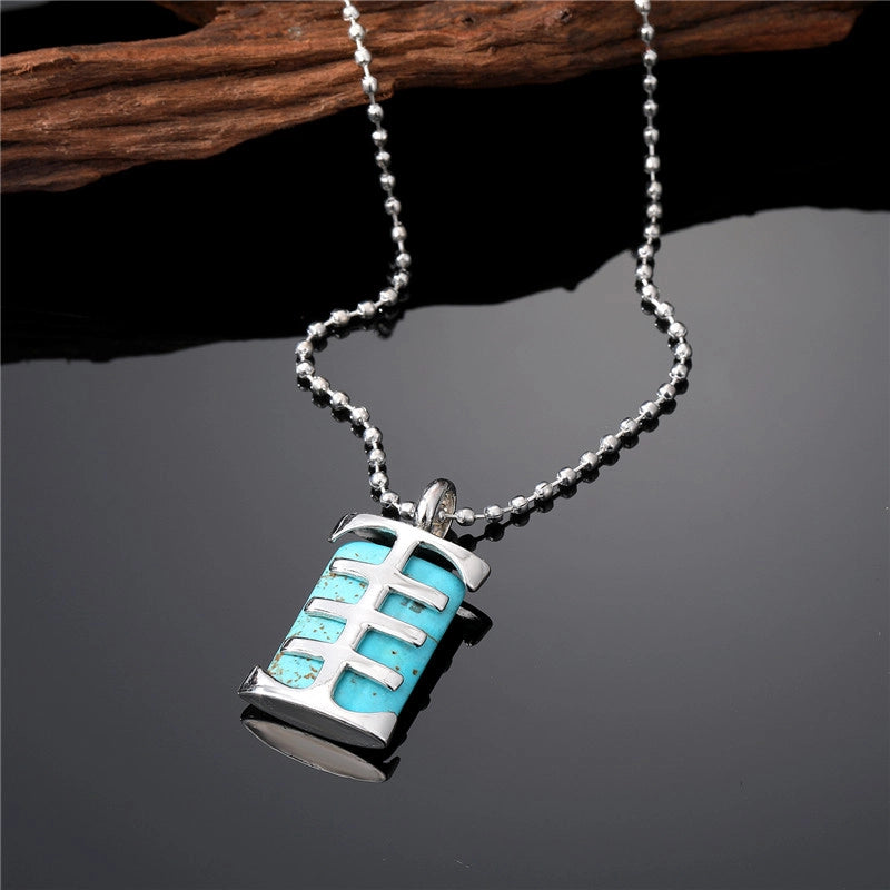 Fashion Round Rectangle Fish Bone Stainless Steel Gem Hollow Out Turquoise Pendant Necklace 1 Piece