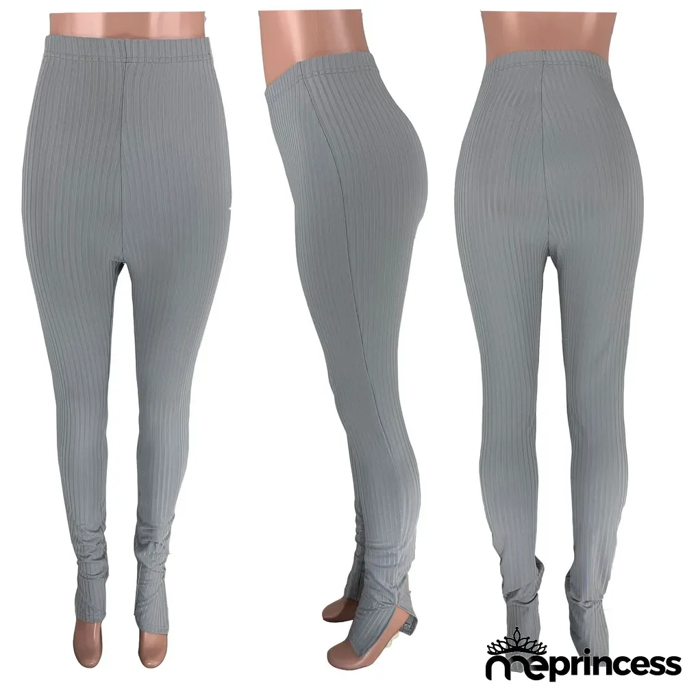 Solid Knitted Split Skinny Long Pants