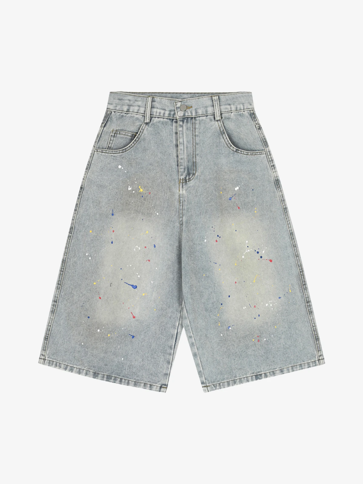 Blue Act Chic Washed Colorful Paint Splatter Longline Jorts Front