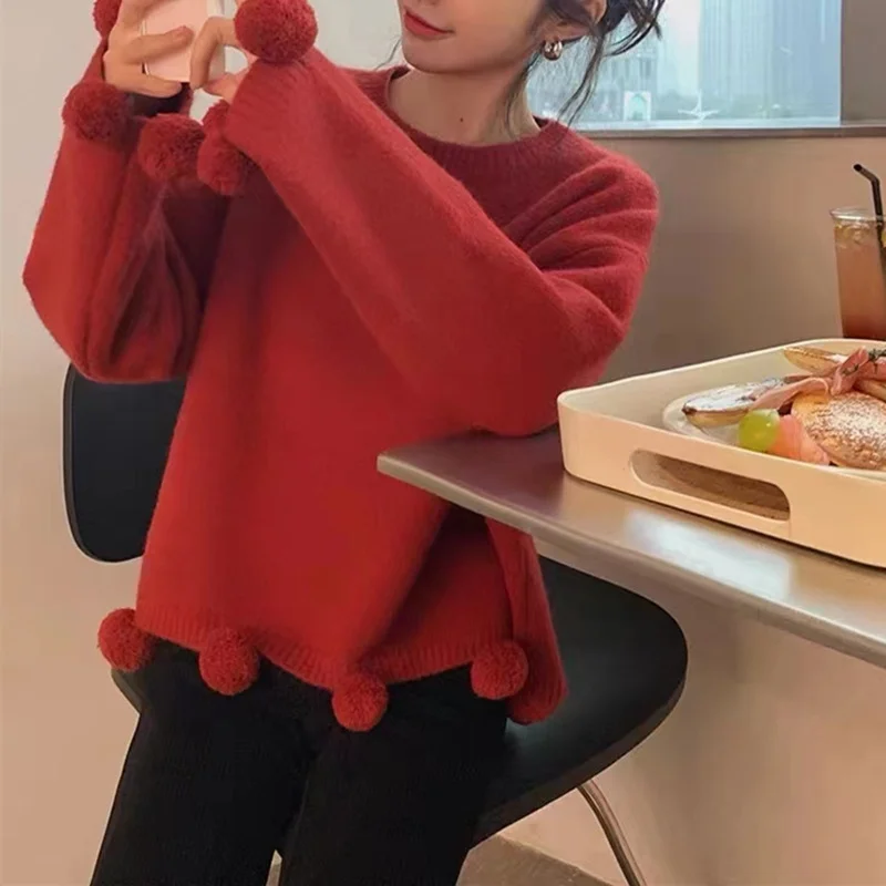 Ueong Ueong Year Red Gentle Wind Sweater Soft Waxy Department Round Collar Tassel Wool Ball Ball Solid Color Sweater Women Autumn Winter New Style