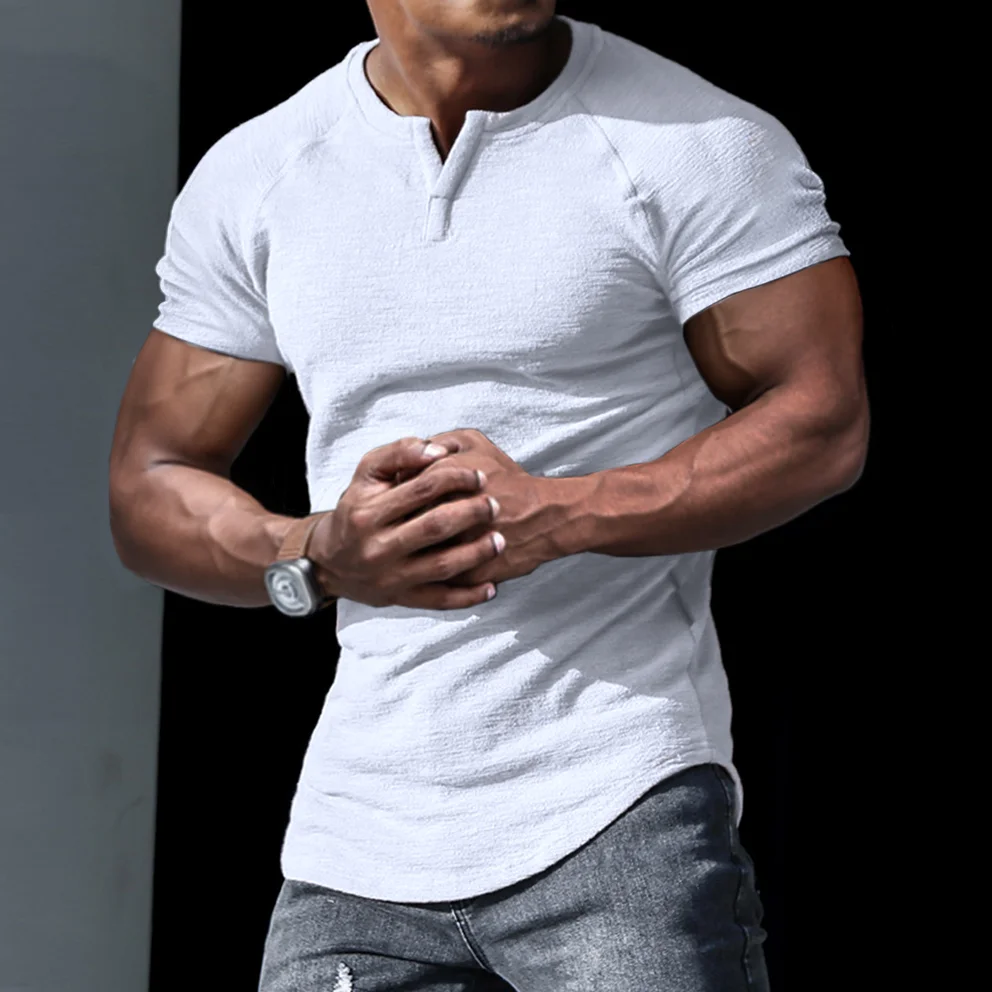 Men's Casual Slim Short-sleeved T-shirt Sports Fitness Running V-neck Top