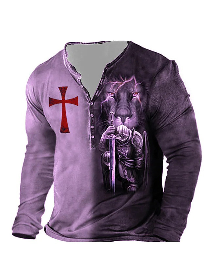 Men's Henley Shirt T shirt Tee Tee Graphic Templar Cross Cross Henley Blue Purple Yellow Gray 3D Print Plus Size Outdoor Daily Long Sleeve Button-Down Print Clothing Apparel Basic Designer Classic