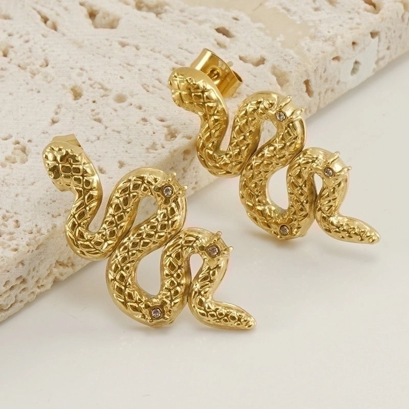 1 Pair Retro Round Water Droplets Snake Inlay 304 Stainless Steel Artificial Gemstones Turquoise 18K Gold Plated Stainless Steel Earrings