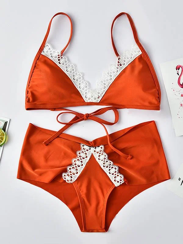 Triangles Lace Bandage Bikini Swimsuit