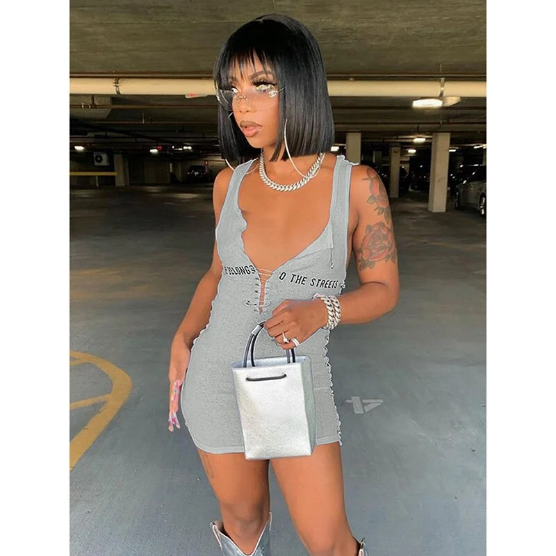 Hugcitar 2021 Sleeveless  Mini Dress Patchwork  With Corset Patchwork Zipper Bodycon Sexy Streetwear Casual Y2K