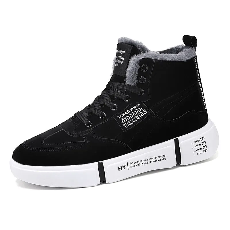 Nine o'clock Winter High-top Men Plush Shoes Fashion Casual Couple Footwear Comfort Warm Lined Sneakers Lace-up Wear-resisting