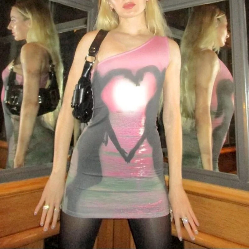 Uveng 2024 New Pink Beach Print Irregular Slings Super Short Sexy Dress Woman