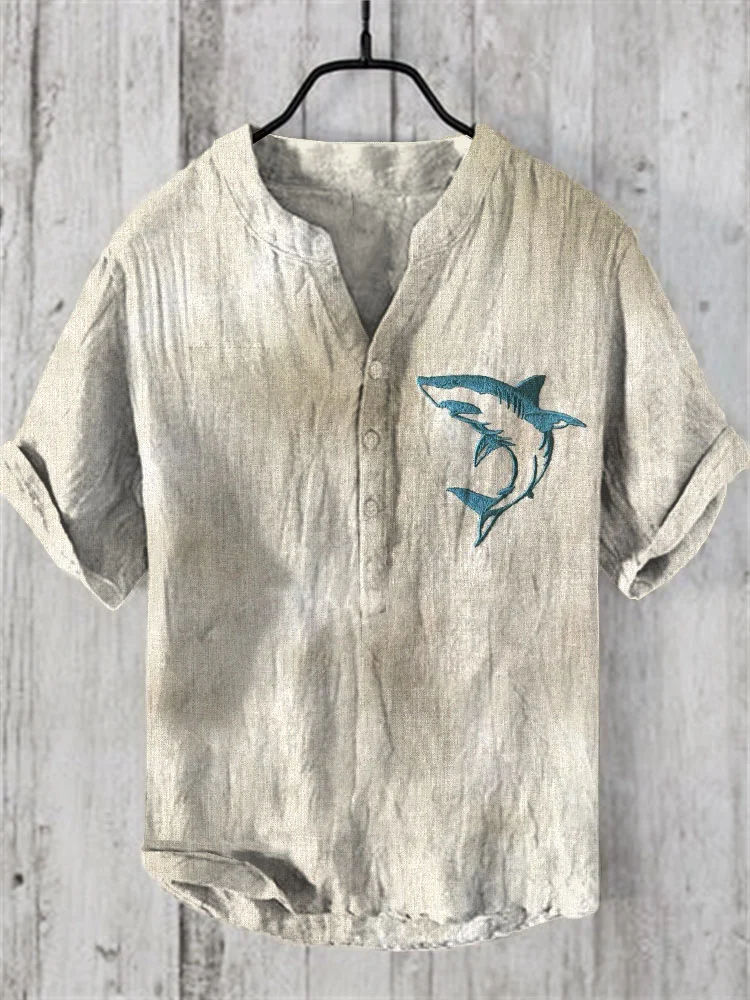 Japanese Shark Embroidery Art Short Sleeve Shirt