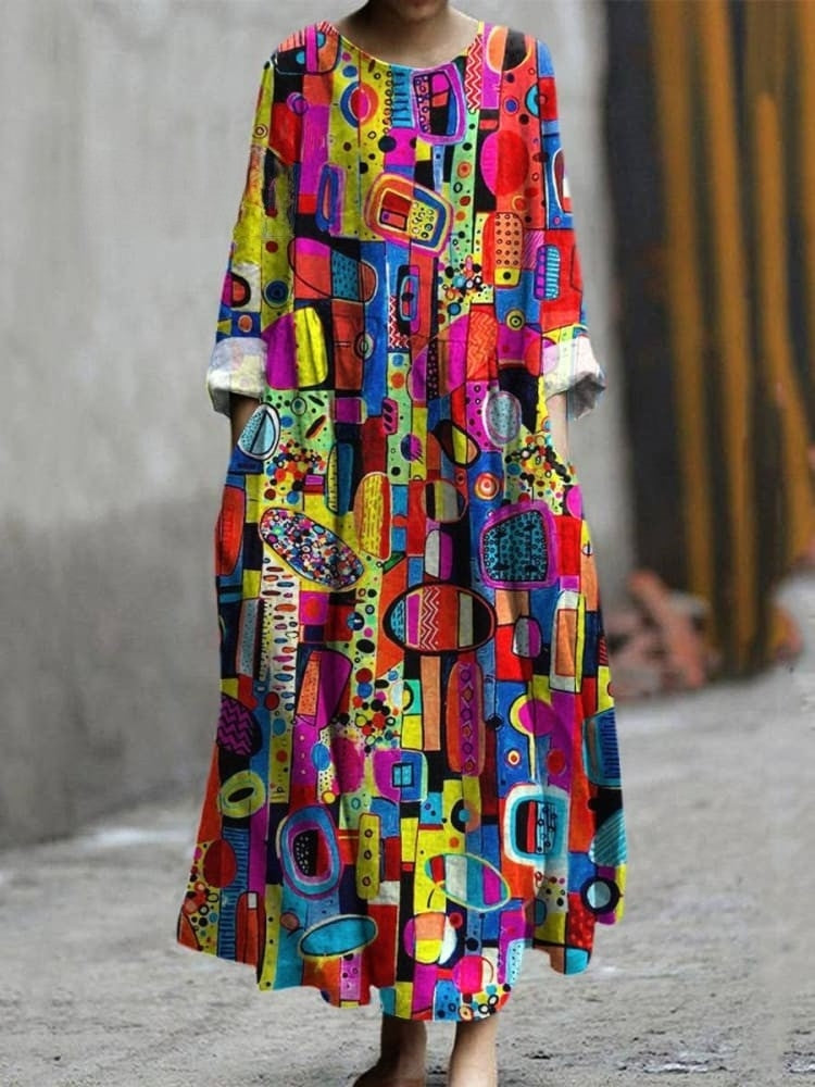 Women's decorative pattern pocket cotton dress
