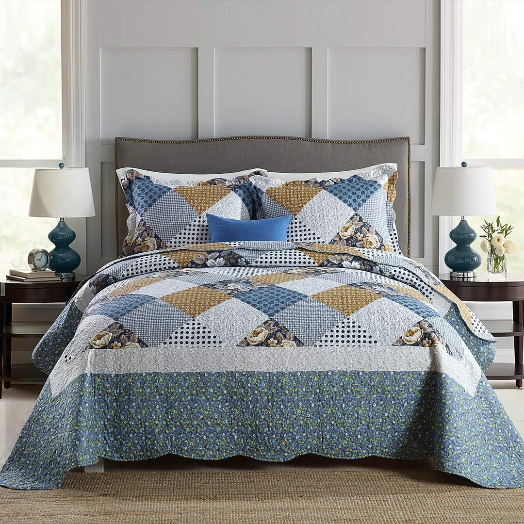 Qucover King Quilt Sets, Soft Microfiber Polyester Vintage Blue Floral Patchwork Quilts, Lightweight Summer King Bedspreads Bedding Set, 98x106 Inch