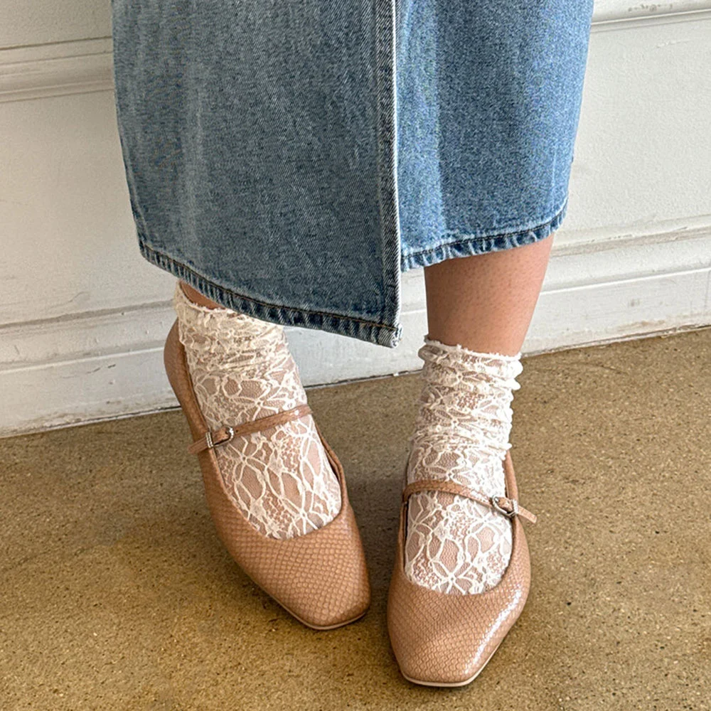 Nude Snakeskin Embossed Square Toe Buckle Strap Flat Shoes Women