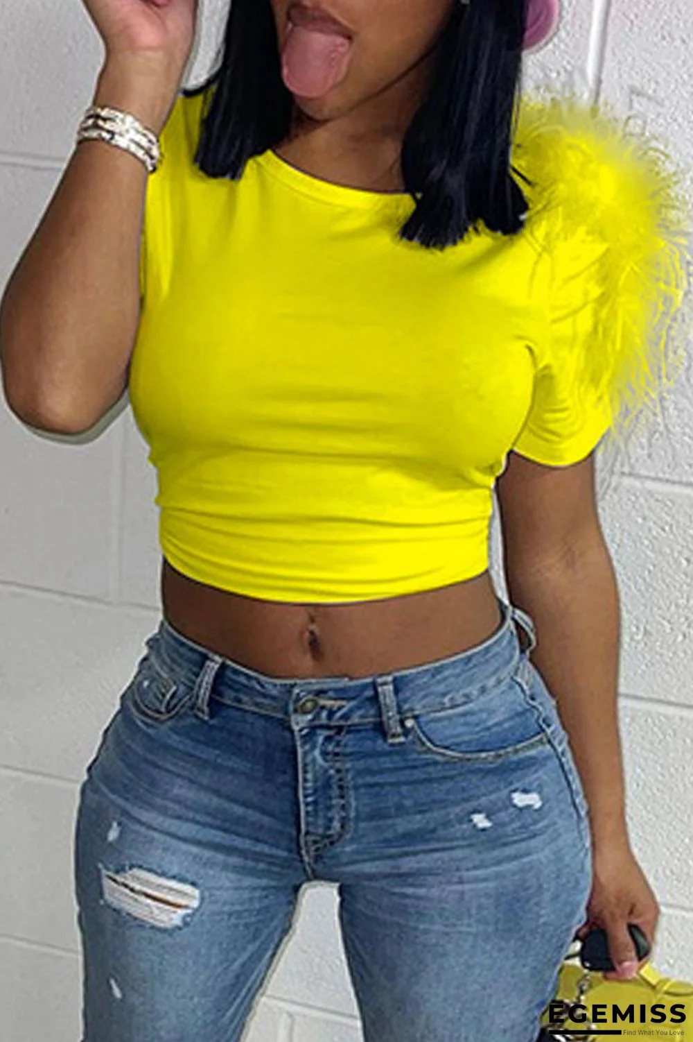 Yellow Fashion Casual Solid Patchwork O Neck T-Shirts | EGEMISS