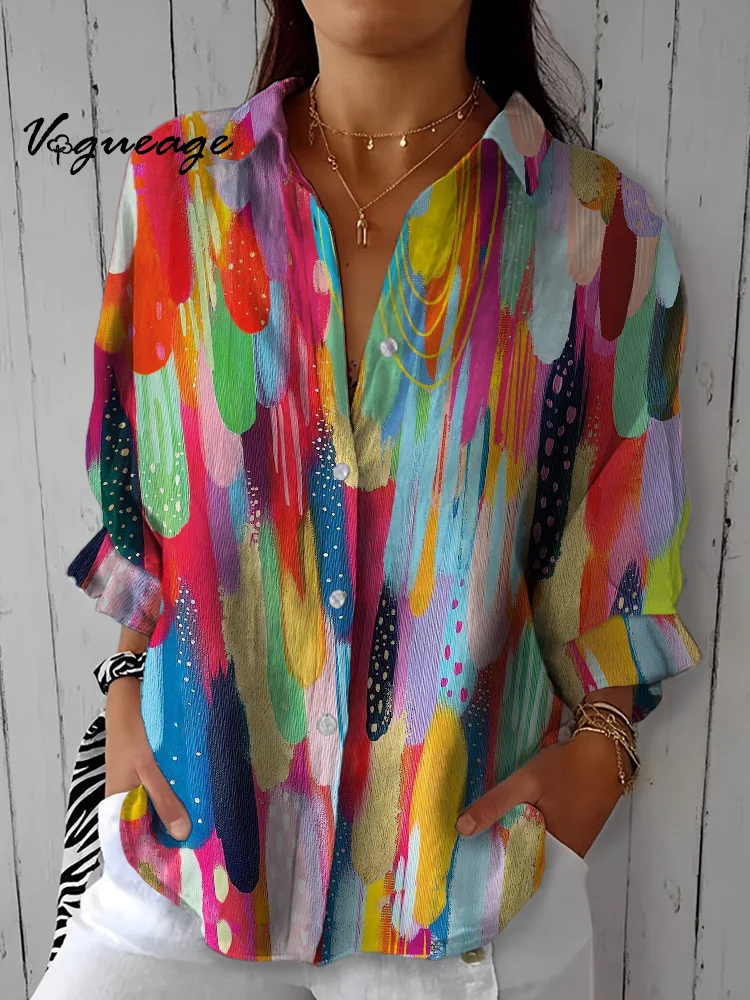 Simple Colorful Lines Artistic Splicing Printed Cotton And Linen Shirt