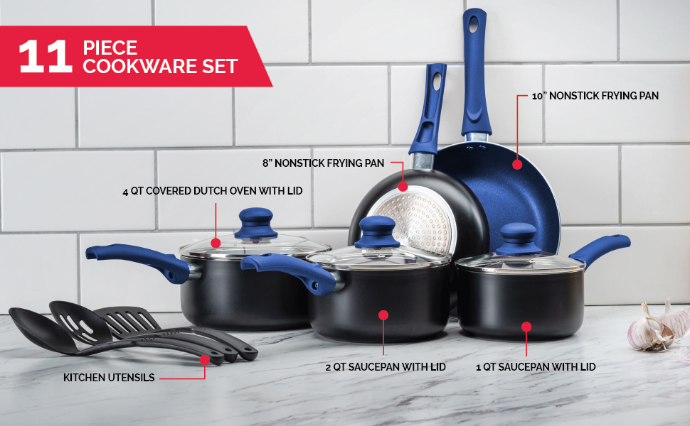 Chef's Star 11 Piece Pots blue skillets nonstick with lids stay cool handle kitchen cookware sets