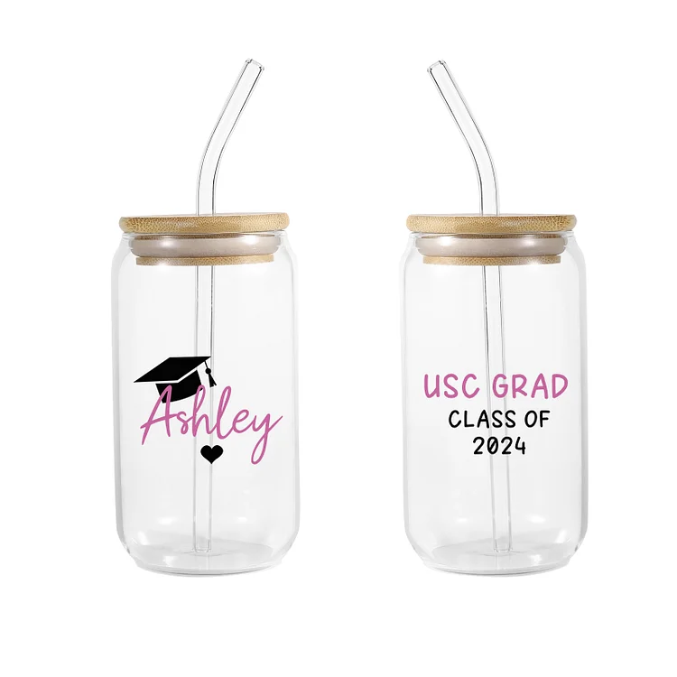 2024 Graduation Gift - Personalized Custom Text, year and Name Glass with Glass Straw