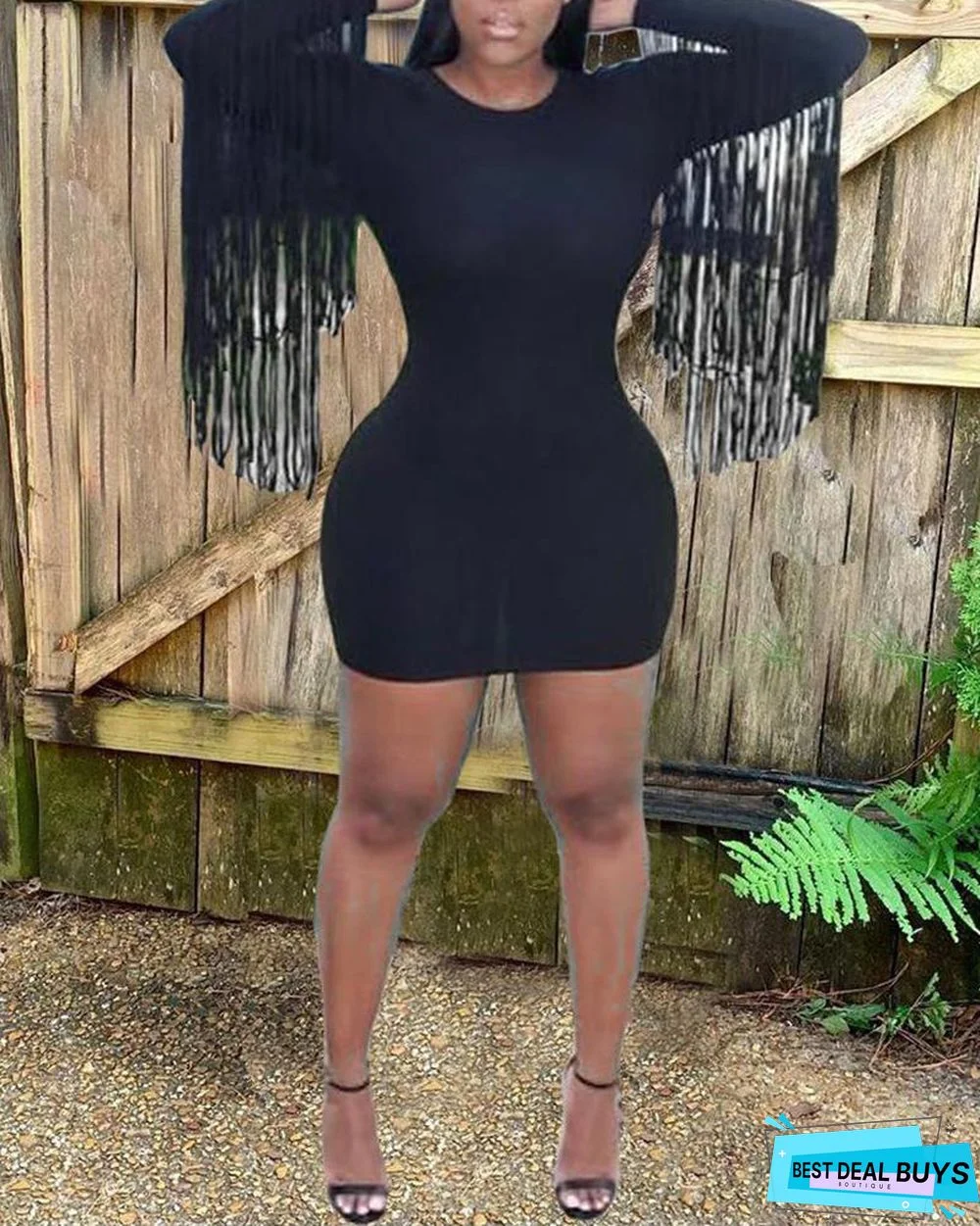 Tassel Sleeve Bodycon Mini Dress Black Dresses