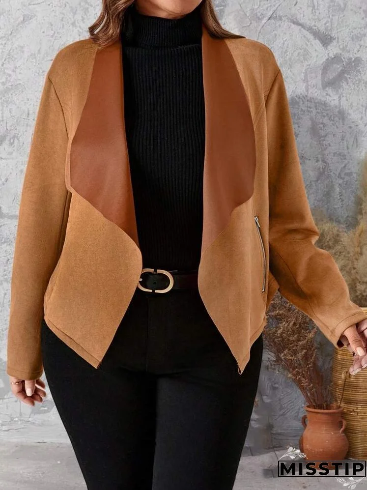 Women's Plus Size Zipper Color Block Long Sleeve Jacket, Sophisticated And Elegant Style, Brown For Autumn