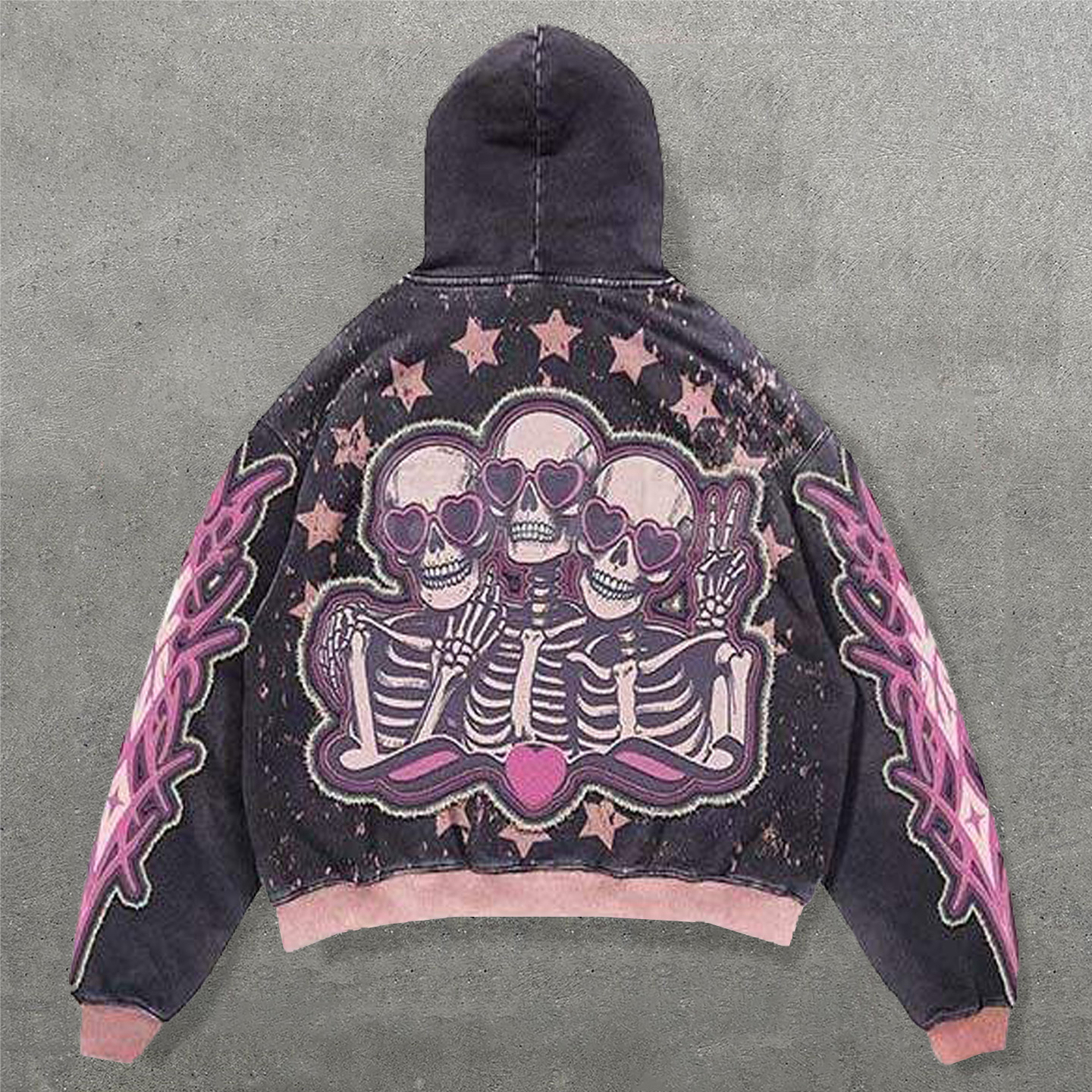 Pink Fantasy Skull Faux Decal Print Long Sleeve Hoodies