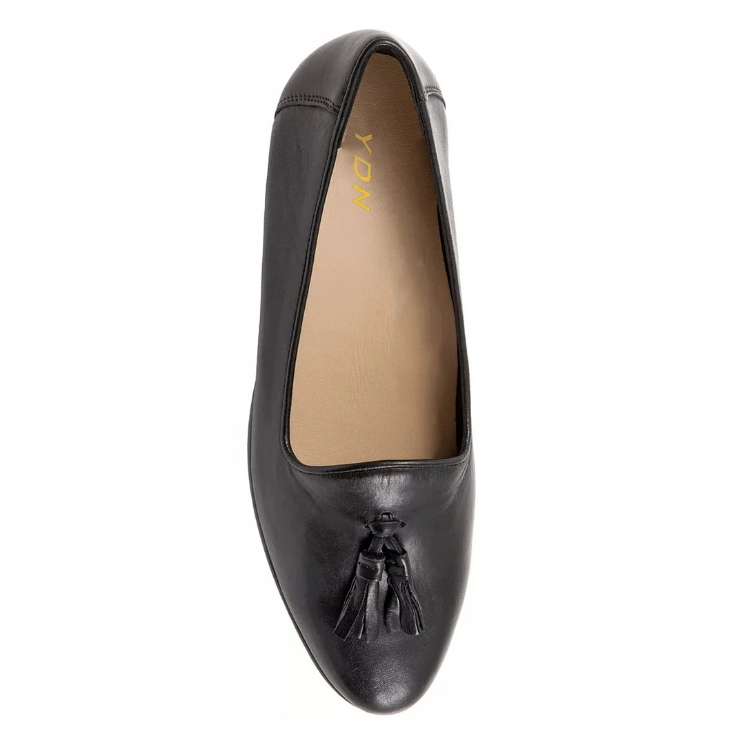 Black Vegan Leather Almond Toe Tassels Comfortable Flat Shoes Women