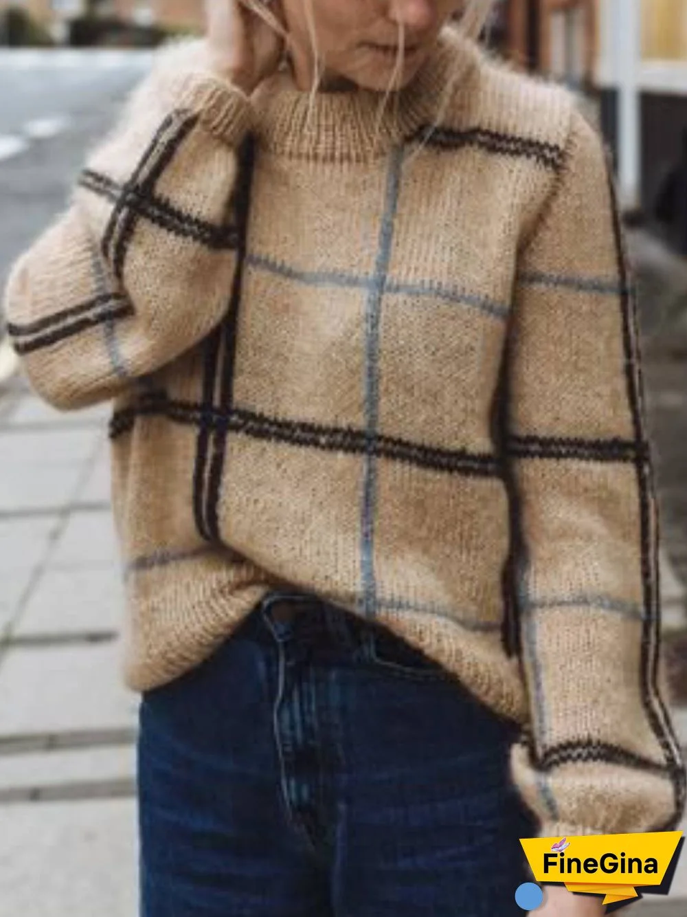 Khaki Wool Blend Checkered/plaid Casual Turtleneck Sweater