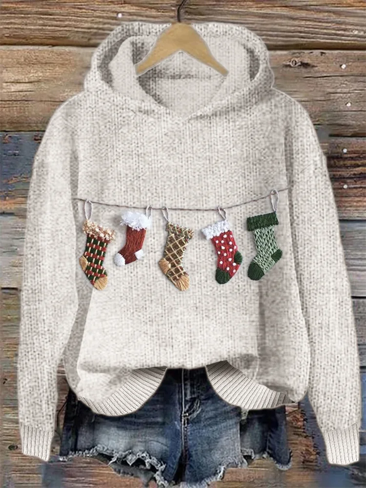 Christmas Hanging Socks Embroidery Cozy Knit Hoodie