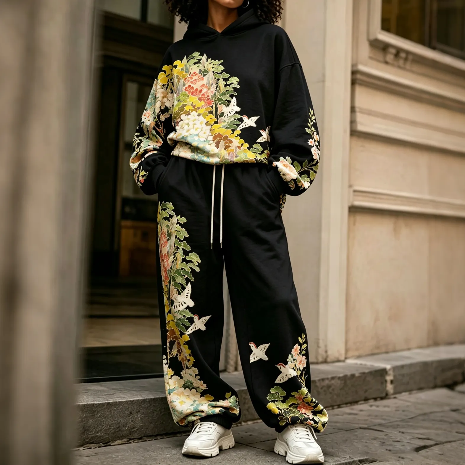 Comstylish Comstylish Women's Vintage Japanese Art Print Hoodie Two Piece Set