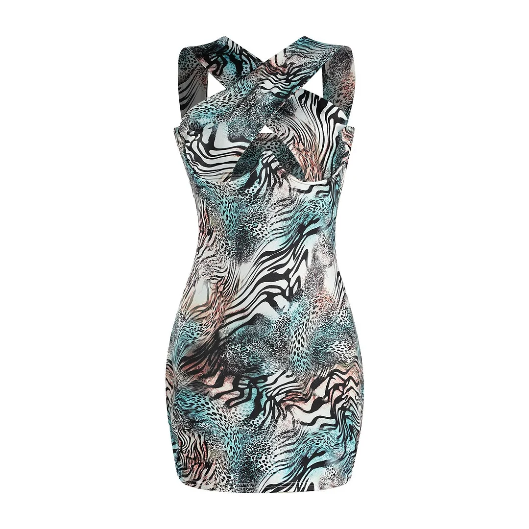 wsevypo Sexy Women Cutout Cross Halter Wrapped Dress Chic Printted Sexy Hollow Chest Skinny Sheath Dress Summer Party Clubwear