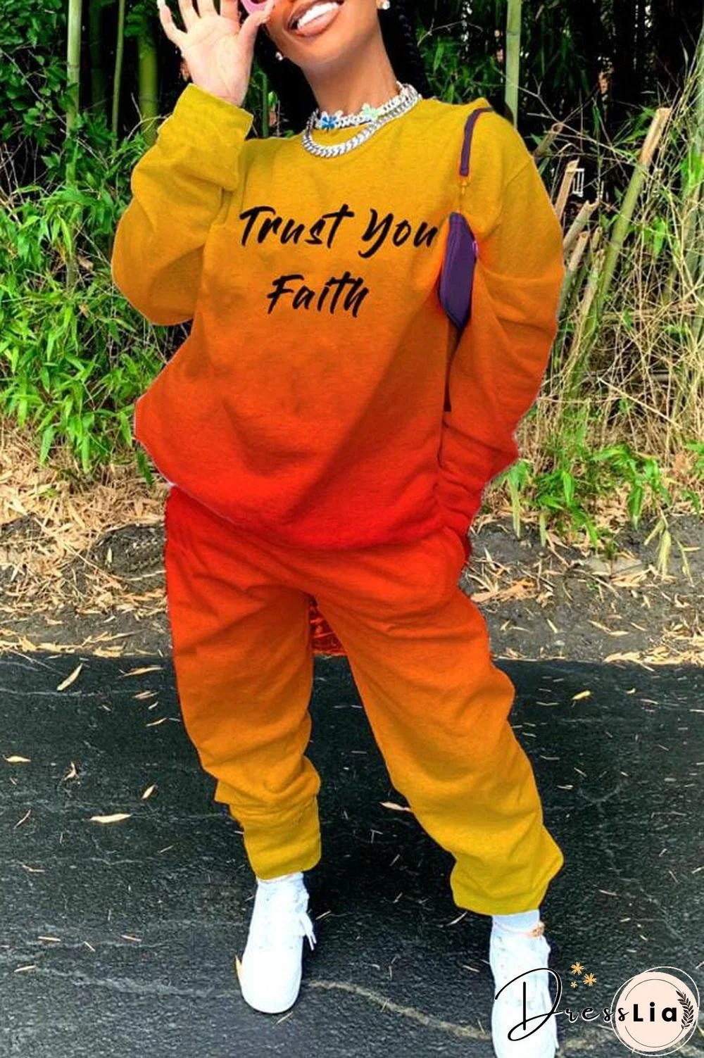 Fashion Casual Gradual Change Letter Print Two Piece Set