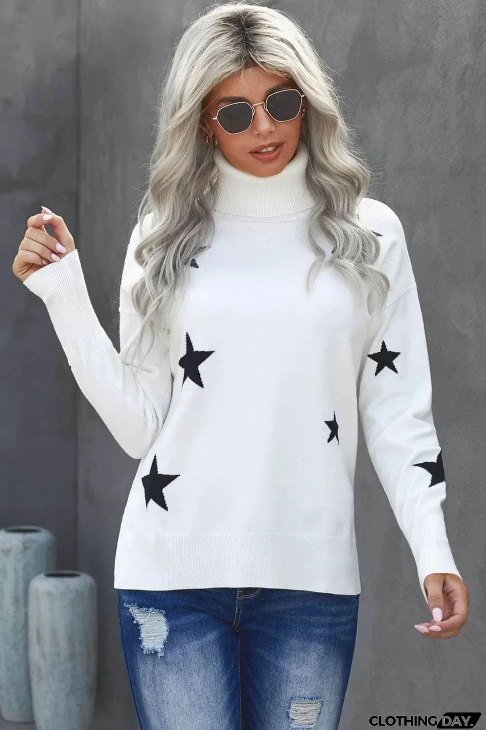 White Turtleneck Dropped Sleeve Star Print Sweater