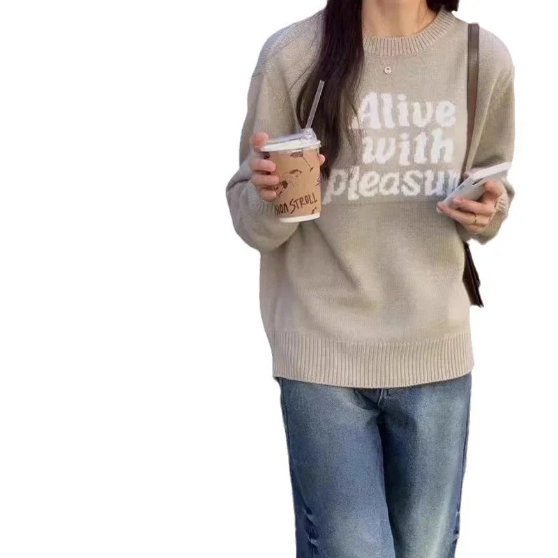 Toloer Toloer Autumn Winter Korean Version Of The New Head Round Collar Letter Knit Jacket Long Sleeve Casual Loose Literary Wind Sweater Woman-Outfit Ideas