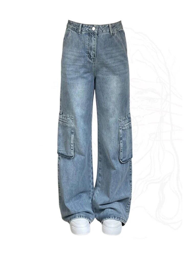 Luxylanellc fall outfits women 2025 Harajuku Fashion Blue Wide Leg Pants Full Length Denim Jeans Gyaru High Street Hiphop Casual Streetwear Office Lady Streetwear