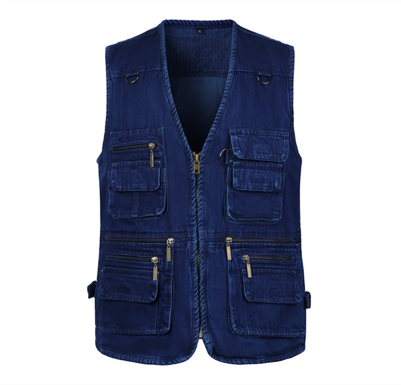 Men's Denim Vest Casual Fishing Outdoor Multi-pocket Worker Vest Plus Size