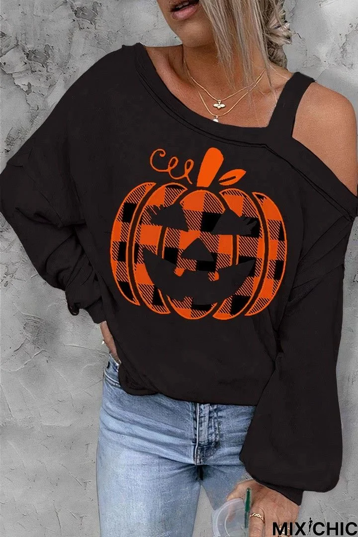 Halloween Print Asymmetrical Neck T-Shirt