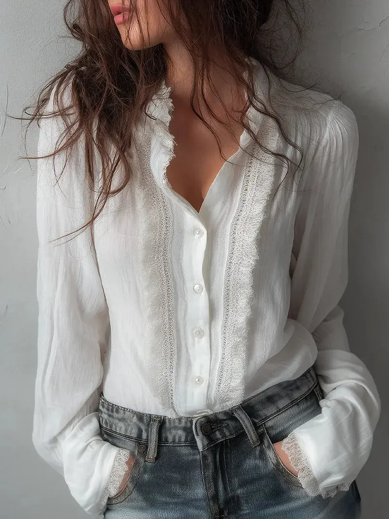 Women's Minimalist Lace Cotton And Linen Long Sleeve Shirt