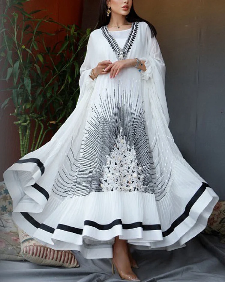  Black Printed Long Sleeve Chiffon Dress