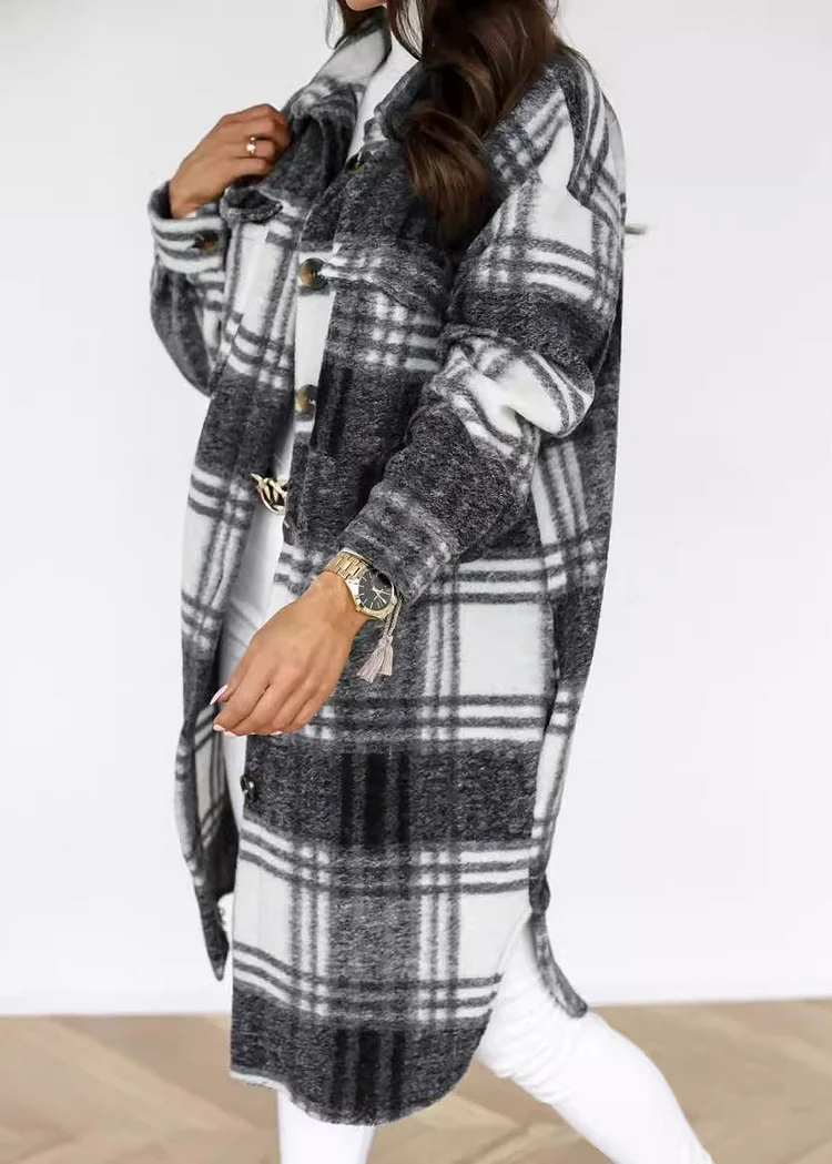 Casual Black Peter Pan Collar Plaid Woolen Shirts Coat Spring
