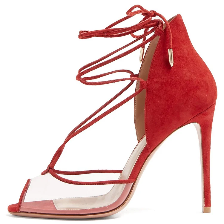 Red Vegan Suede transparent PVC Peep Toe Stiletto Heel Strappy Sandals |FSJ Shoes