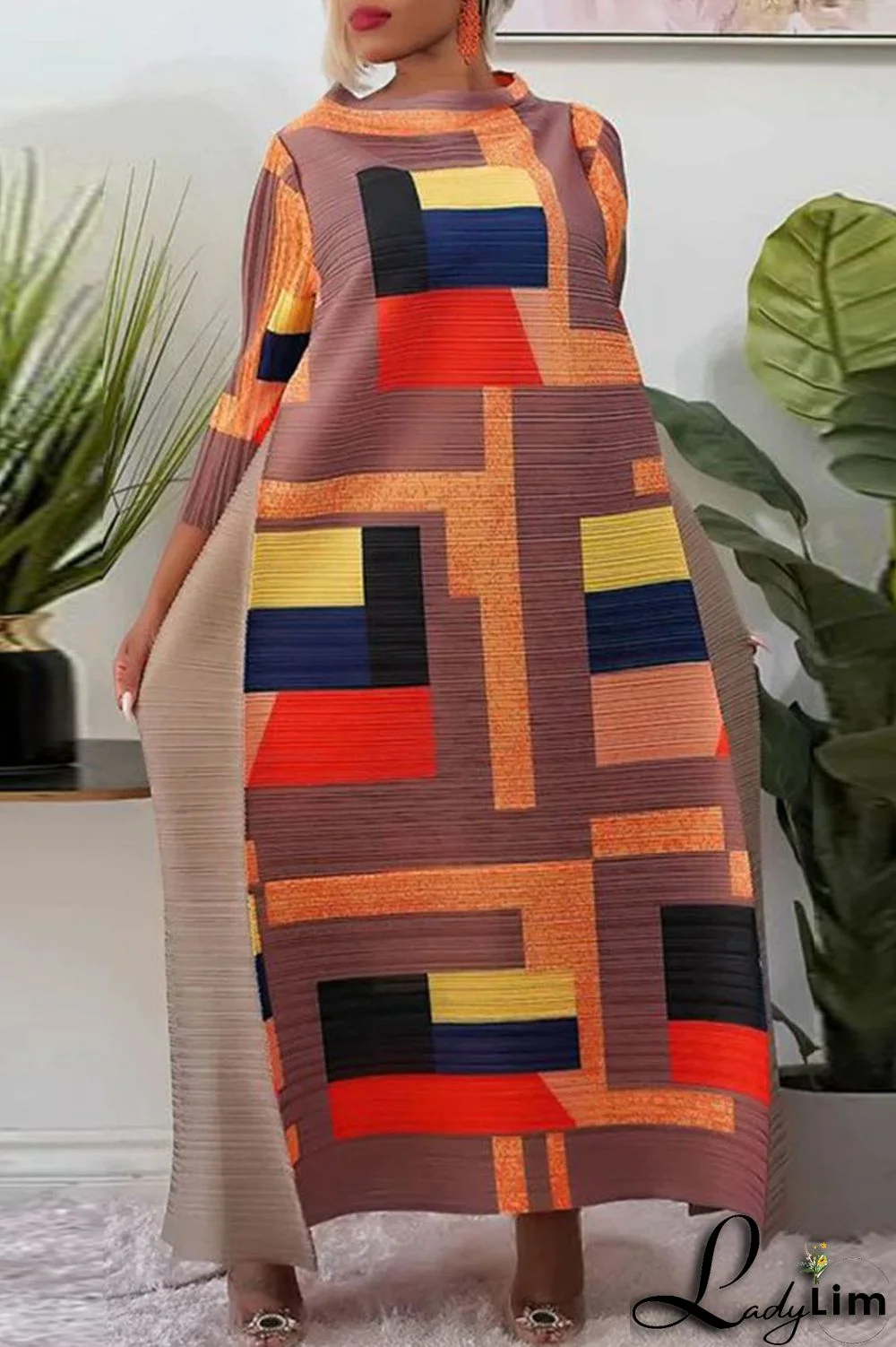 Light Coffee Street Geometric Print Patchwork O Neck Long Dress Dresses