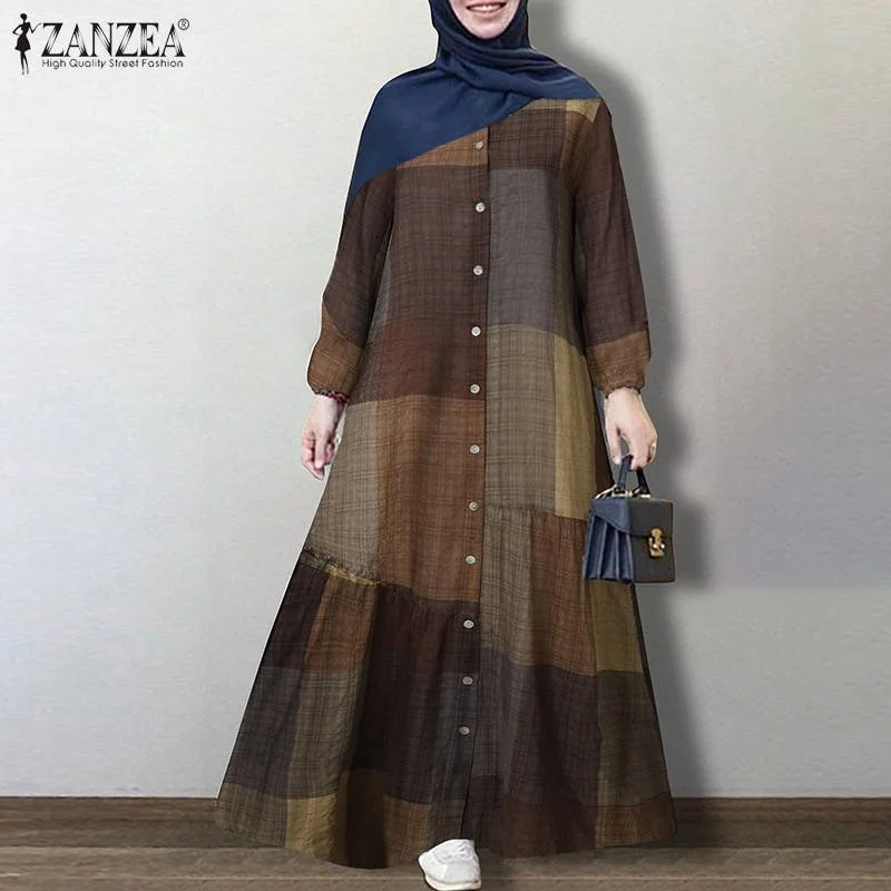 ZANZEA Vintage Floral Printed Sundress Autumn Long Sleeve Loose Maxi Long Vestido Women Retro Dubai Abaya Turkey Hijab Dress