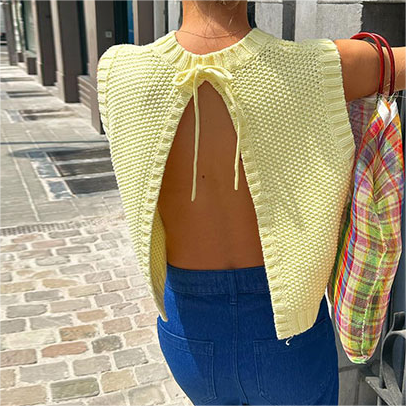 Sexy Autumn Small Vest Women Outer Wear Short Sleeveless Round Neck Lace Up Backless Design Knitted Top