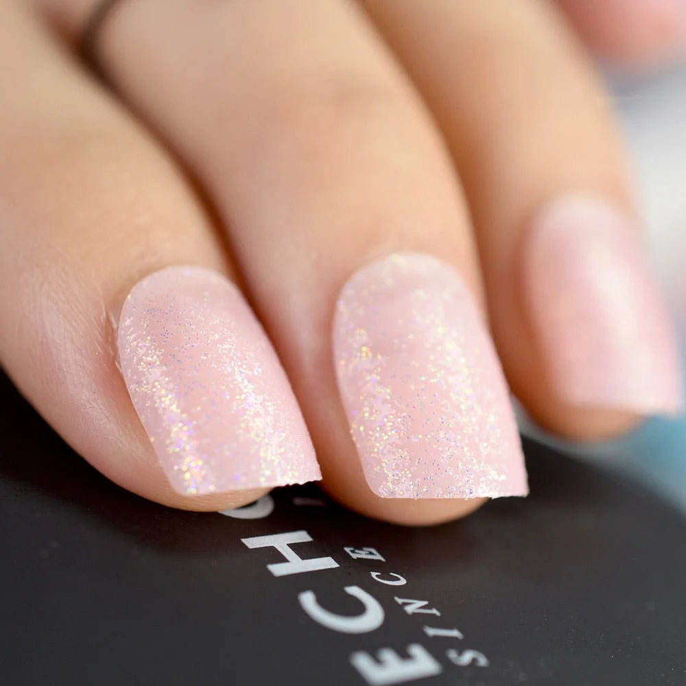 Light Pink Glitter False Nails Short Square Decoration Nails Full Wap Ladies Daily Wear Plastic Nail Tips