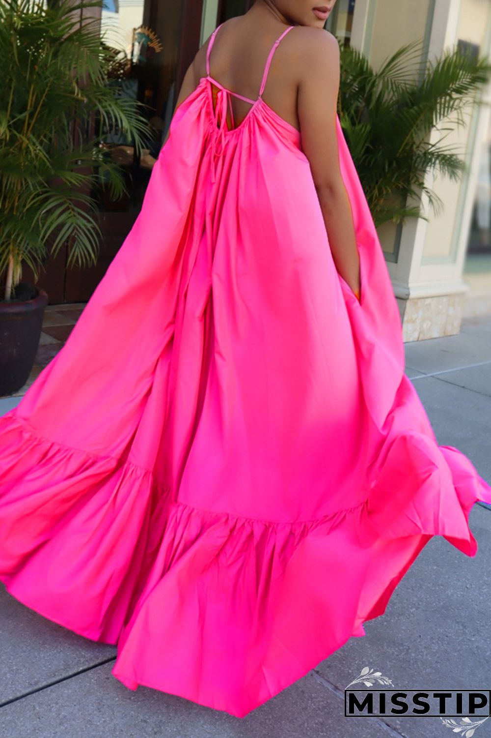 Pink Sexy Casual Solid Backless Spaghetti Strap Loose Sling Dress