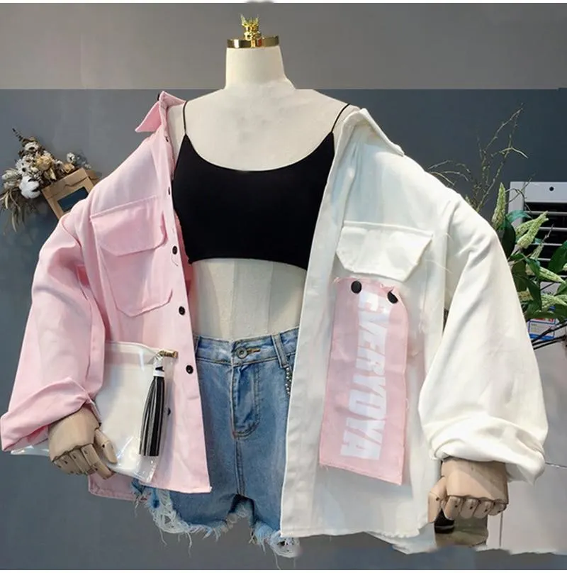Harajuku Bomber Jacket Coats Women Loose Pocket Designer Cool Red Streetwear Hot Sale Kpop Yellow Spring shirt thin jeans jacket