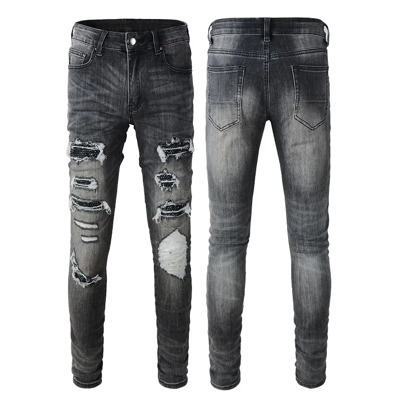 Men's High Street Ripped Diamond Patchwork Jeans Elastic Slim Fit Skinny Jeans