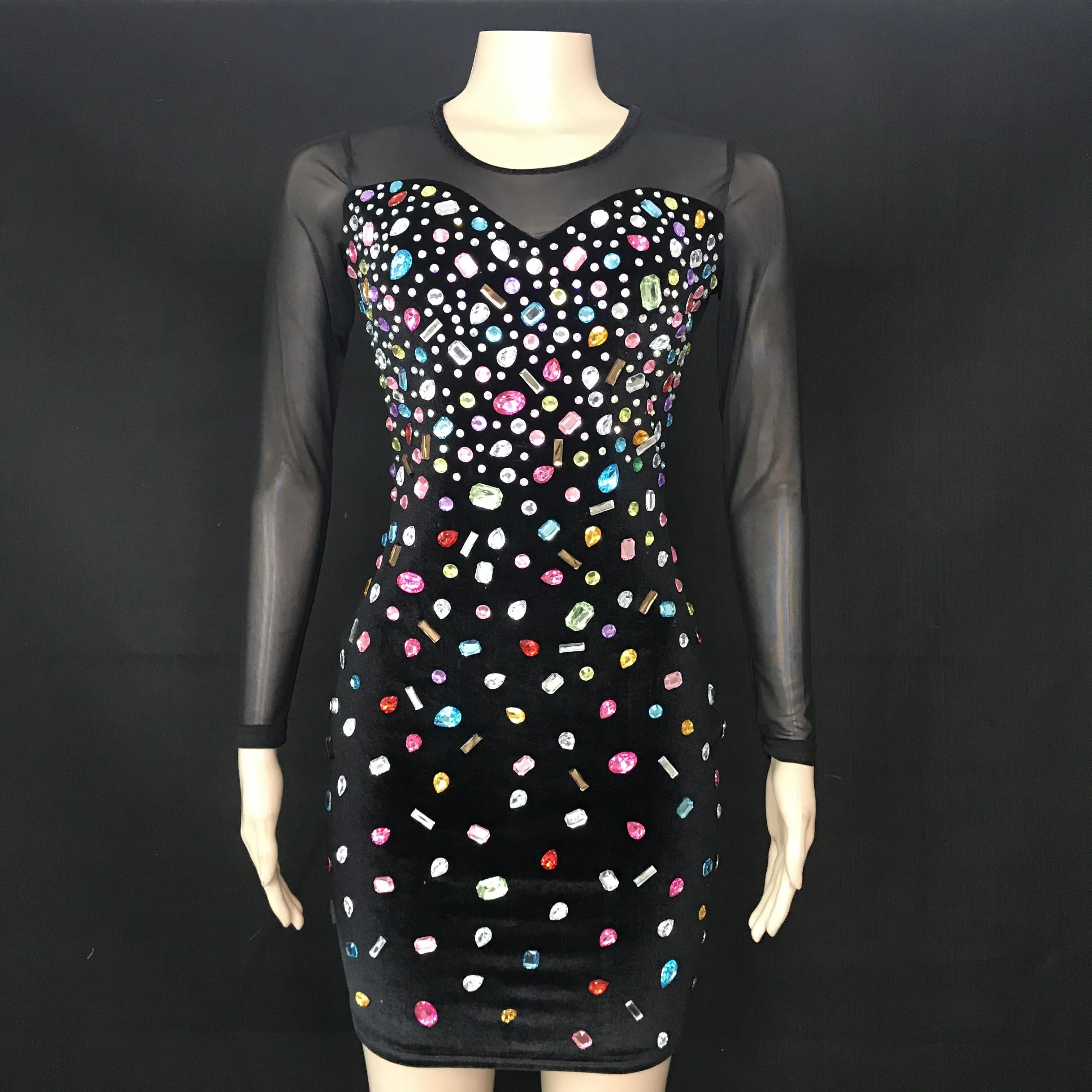 VCSHOES Multi-color Rhinestone Black Short Dress Birthday Celebrate Long Sleeve Prom Costume Women Dancer Bar Party Velvet Dress