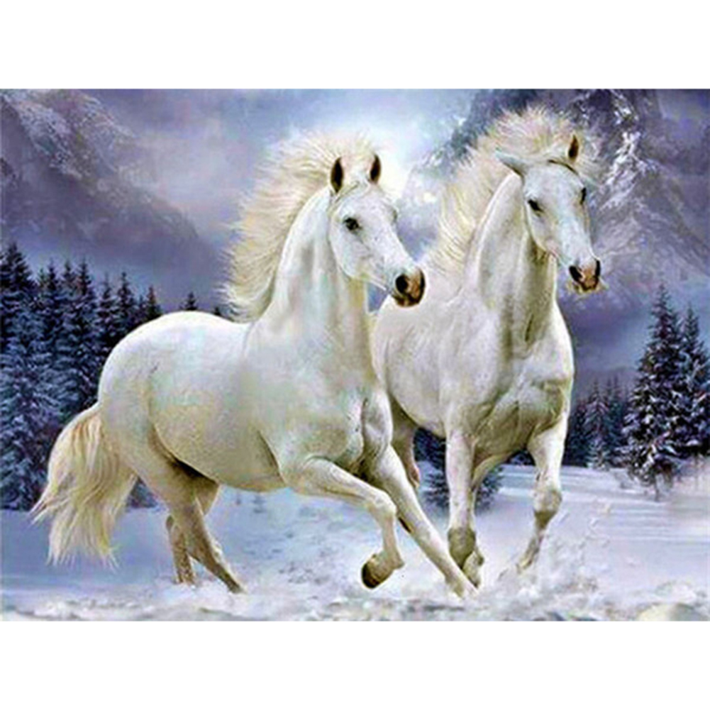 

50*40CM - Square Drill Diamond Painting - Two White Horse, 501 Original
